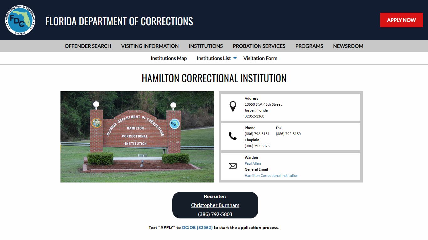 Hamilton Correctional Institution - Florida Department of Corrections