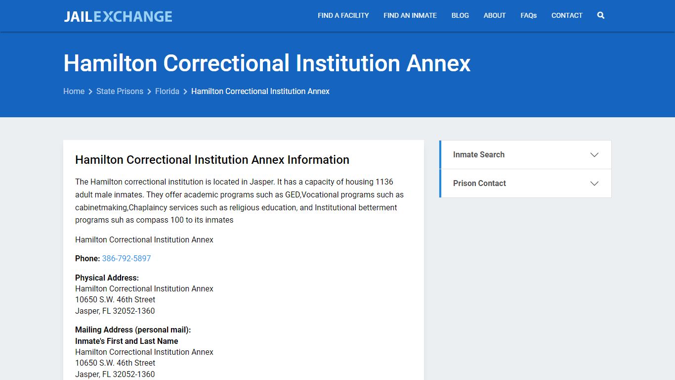 Hamilton Correctional Institution Annex Inmate Search, FL - Jail Exchange